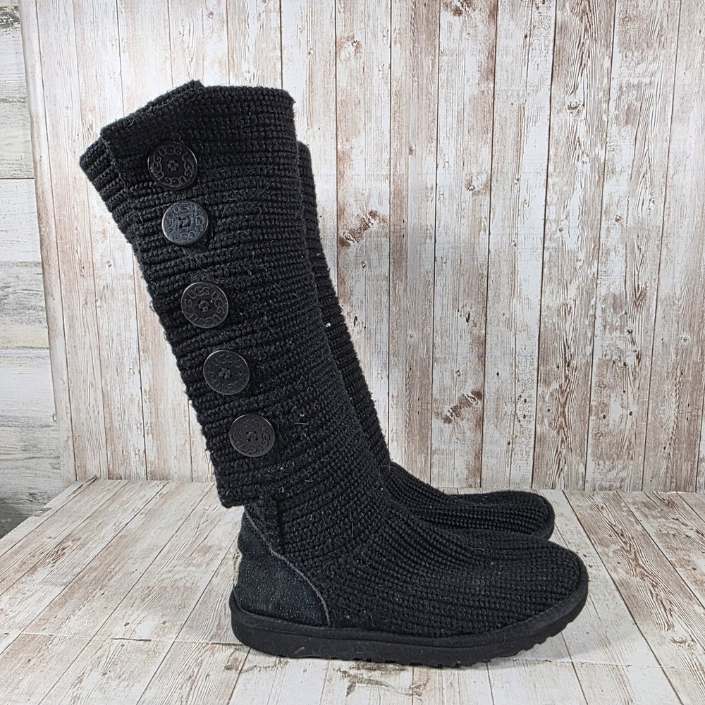 UGG Australia Lattice Cardy Black Knit Button Tall Boots 1878 Womens 8‎